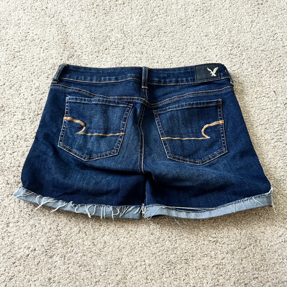 American Eagle Denim Shorts Dark Wash Frayed Hem Cuffed Womens